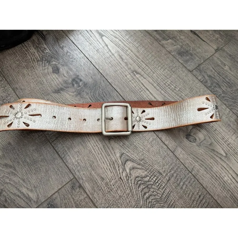 Linea Pelle Belt Silver Leather Studded Handmade One Tongue Buckle Wide Strap